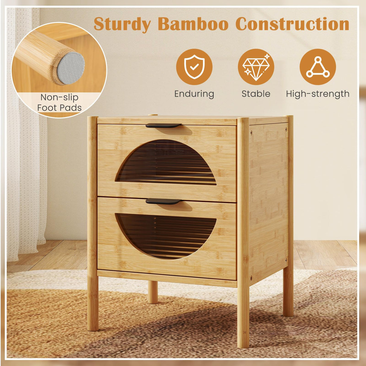 Giantex Bamboo Nightstand, Mid-Century Modern Bedside Table with 2 Storage Drawers & Tempered Glass, End Table Side Table, Wood Night Stand for Bedroom, Small Spaces, Natural Giantex