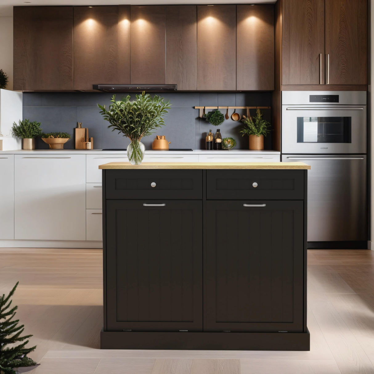 RASOO Double Tilt Out Trash Can Cabinet Freestanding Laundry Hamper Wooden Tabletop with 2 Drawers Kitchen Garbage Can for 10 Gallon, Black RASOO