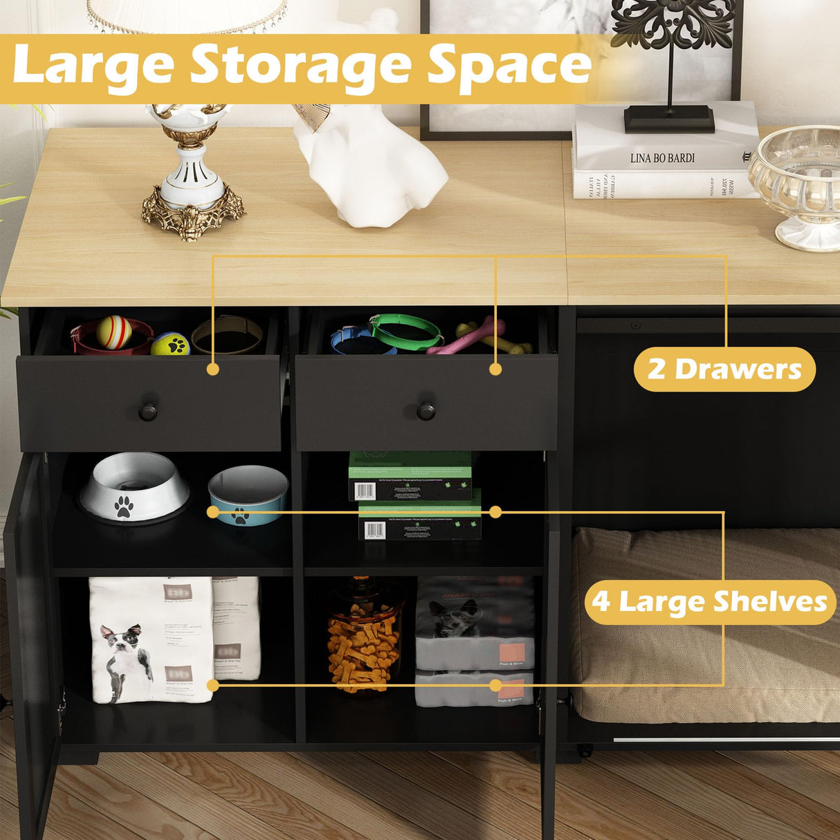 DAWNSPACES Large Dog Crate Funiture with Drawers, 78.7" Luxury Wooden Heavy Duty Dog Kennel Table Furniture with Sliding Door, Indoor Dog House TV Stand for Large Medium Breed Dogs, Black DAWNSPACES