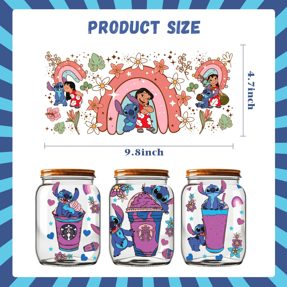 PEVOGON UV DTF Cup Wrap Transfer Stickers for Glass, 10 Sheet Cartoon Rub on Transfers Decal for 16OZ Glass Cups Furniture Craft Wood DIY Crafts PEVOGON