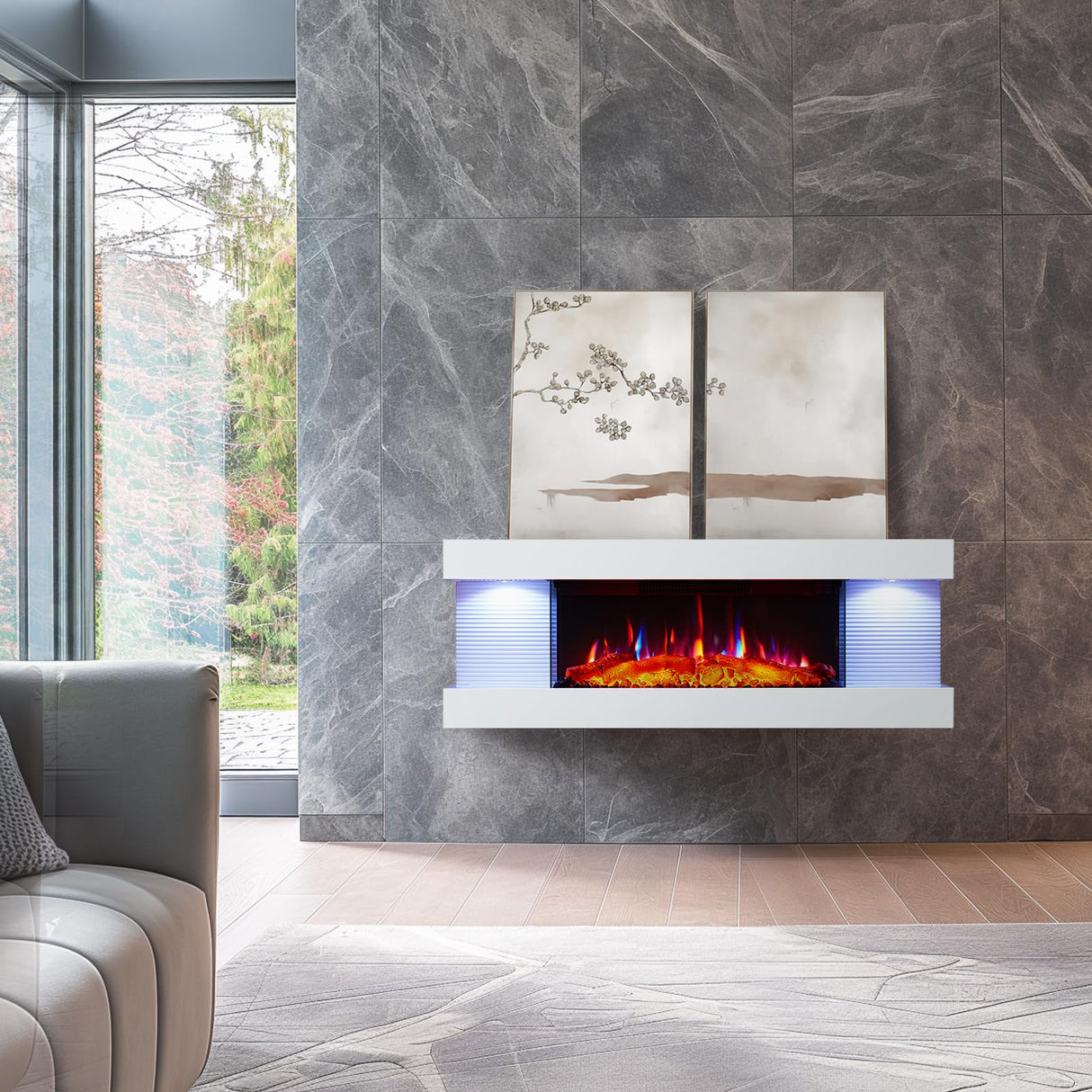 PuraFlame Alsa 44 Inch Wall Mounted Electric Fireplace All-in-One with Multi Ambient Light Colors, Remote, 1500W Heater, White PuraFlame