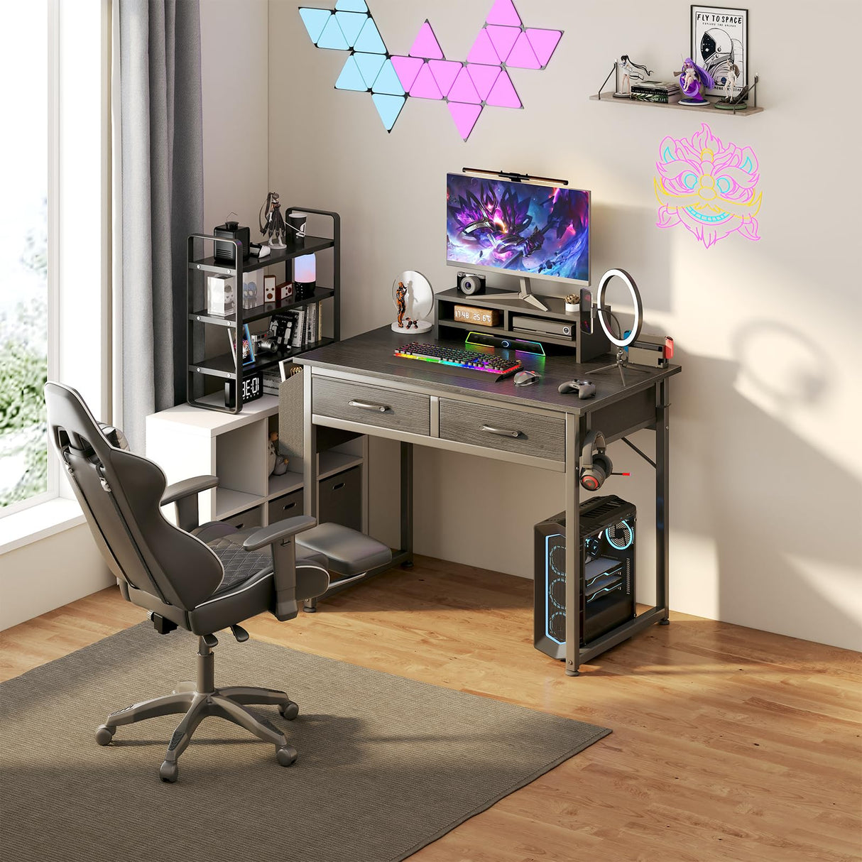 DLisiting Small Desk with Fabric Drawers for Bedroom, 32 Inch Small Gaming Desk with 2 Drawers for Small Space, Study Writing Table PC Desks, Black DLisiting