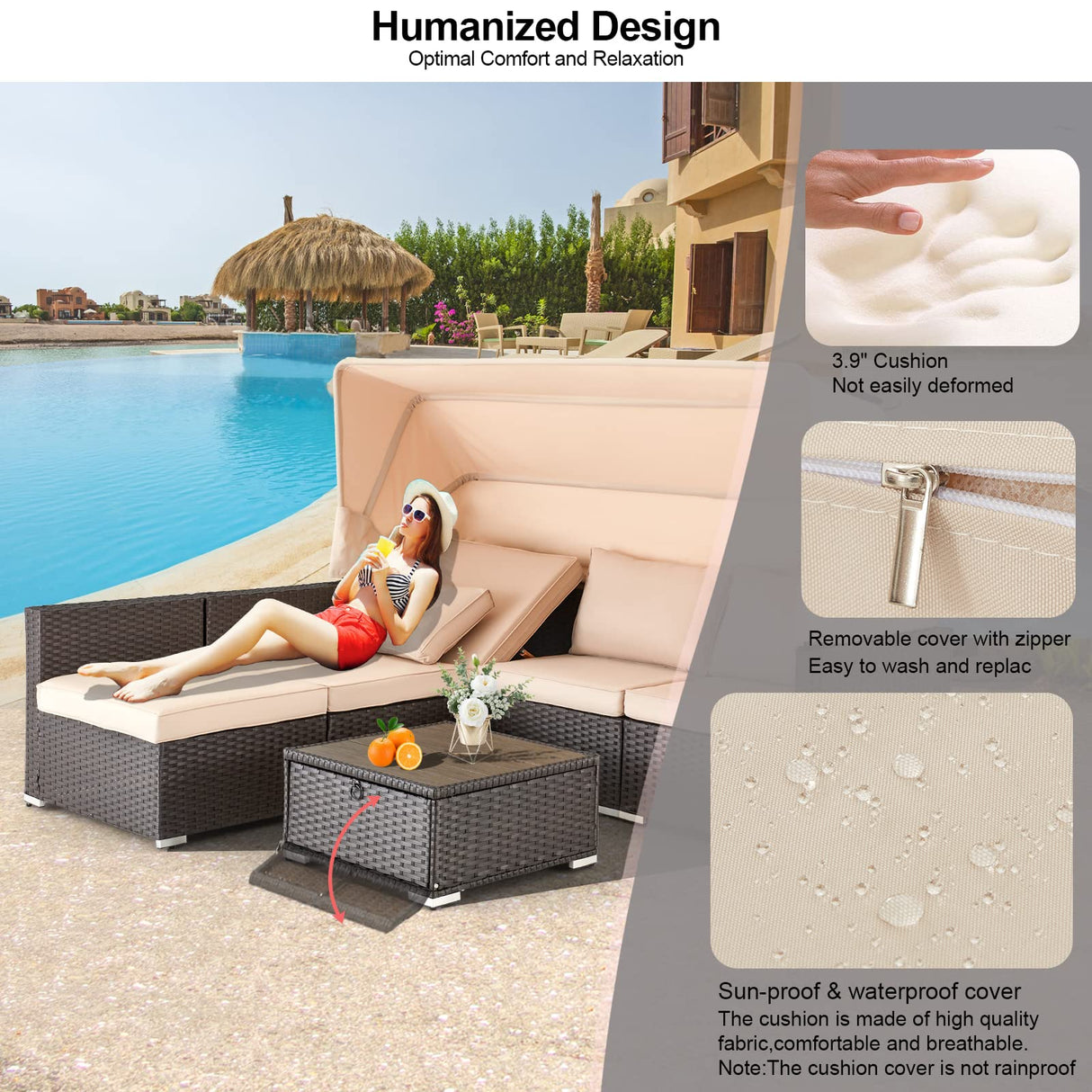 HOMREST 6 Pieces Patio Furniture Sets, Rattan Daybed with Retractable Canopy, Outdoor Sectional Sofa Set with Adjustable Backrest, Chaise Chair Sunbed for Garden Poolside Backyard (Khaki) HOMREST