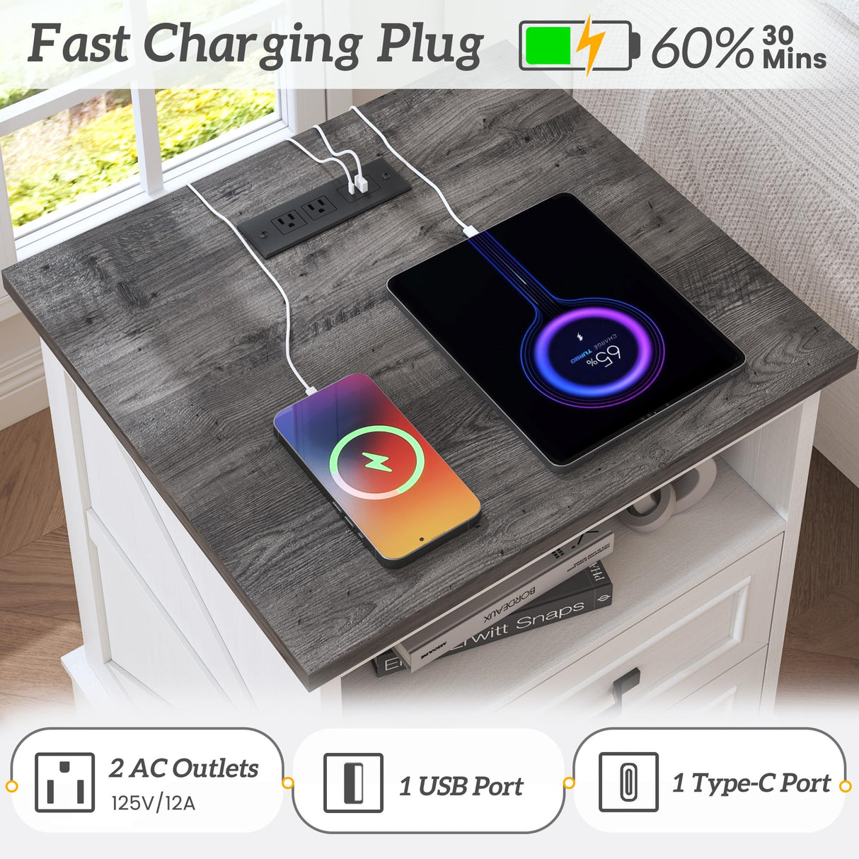 Fluest 24" Tall Farmhouse Nightstands Set of 2, Night Stands with Charging Station, Beside Tables with Drawers and Open Storage, Rustic End Tables for Bedroom, Antique White Fluest