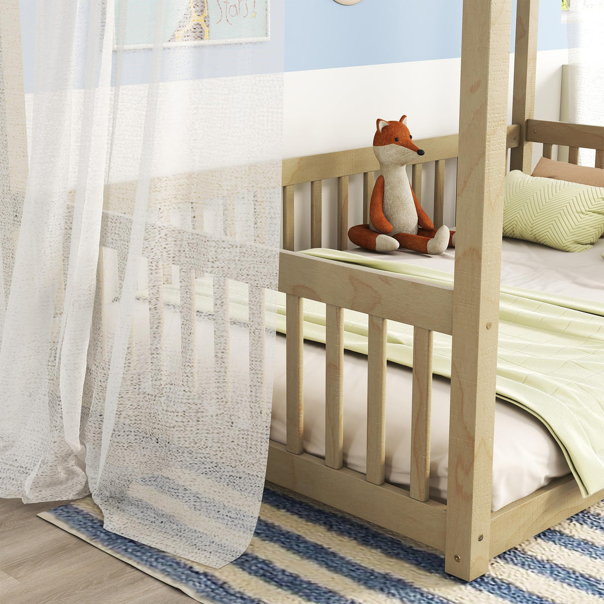jurmiture Natural Wood Full Size Canopy Floor Bed with Guardrails for Kids jurmiture
