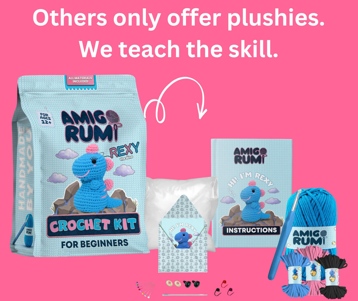 Amigo Rumi Cute Dinosaur Beginners Crochet Kit - Learn How to Crochet Starter Kit - 3+ Hours of Video Tutorials & Crocheting Book - Easy to See Yarn - Amigurumi Stuffed Animal for Kids 12+ & Adults Amigo Rumi