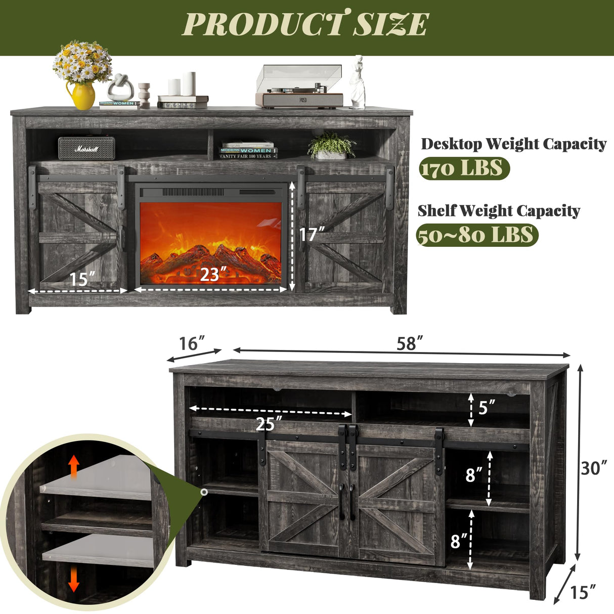 SENSWEET 58" Farmhouse TV Stand with Fireplace, Entertainment Center w/Sliding Barn Door, Rustic Media Console with 2 Storage Shelves, Wood Television Stand for Living Room,Dark Rustic Oak SENSWEET