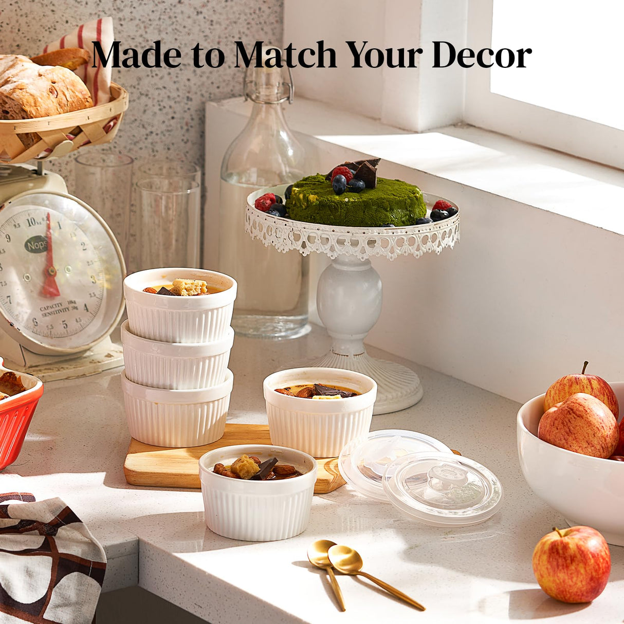 DOWAN Ramekins 8 oz Oven Safe with Lids, Creme Brulee Ramekins Bowls, Porcelain Ramiken Souffle Dishes, Custard Cups for Baking, Small Bowls for Pudding Dip Sauces Charcuterie Dessert, White, Set of 6 DOWAN