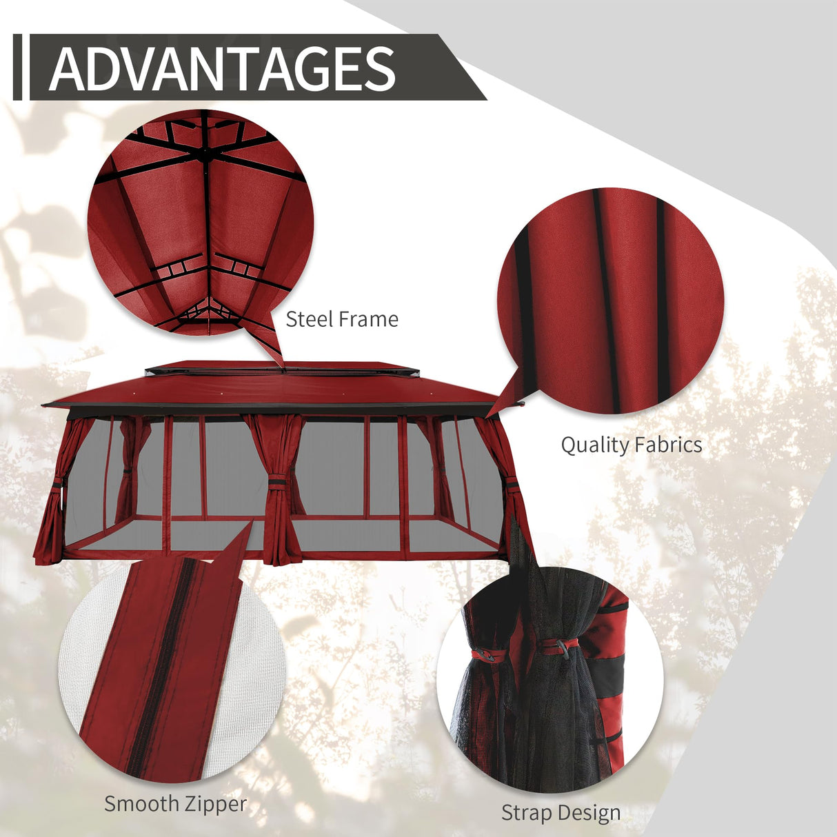 Gardenbee 10x20 ft Patio Gazebo, Double Tier Gazebo with Side Mesh Curtains, Patio Canopy with Metal Steel Frame Suitable for Lawn, Backyard and Party, Red Gardenbee