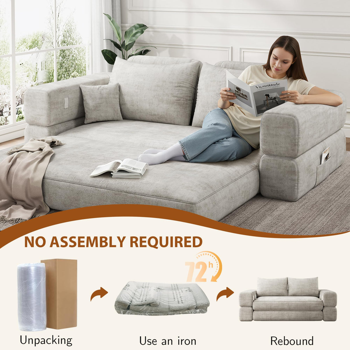 Jocoevol 75'' Queen Folding Convertible Sofa Bed with Large Pillow, 4-in-1 Floor Foldable Futon Sofa Bed, Chenille Boneless Mattress Couch, Floor Sleeper Sofa Chair Bed for Living Room/Bedroom, Beige Jocoevol