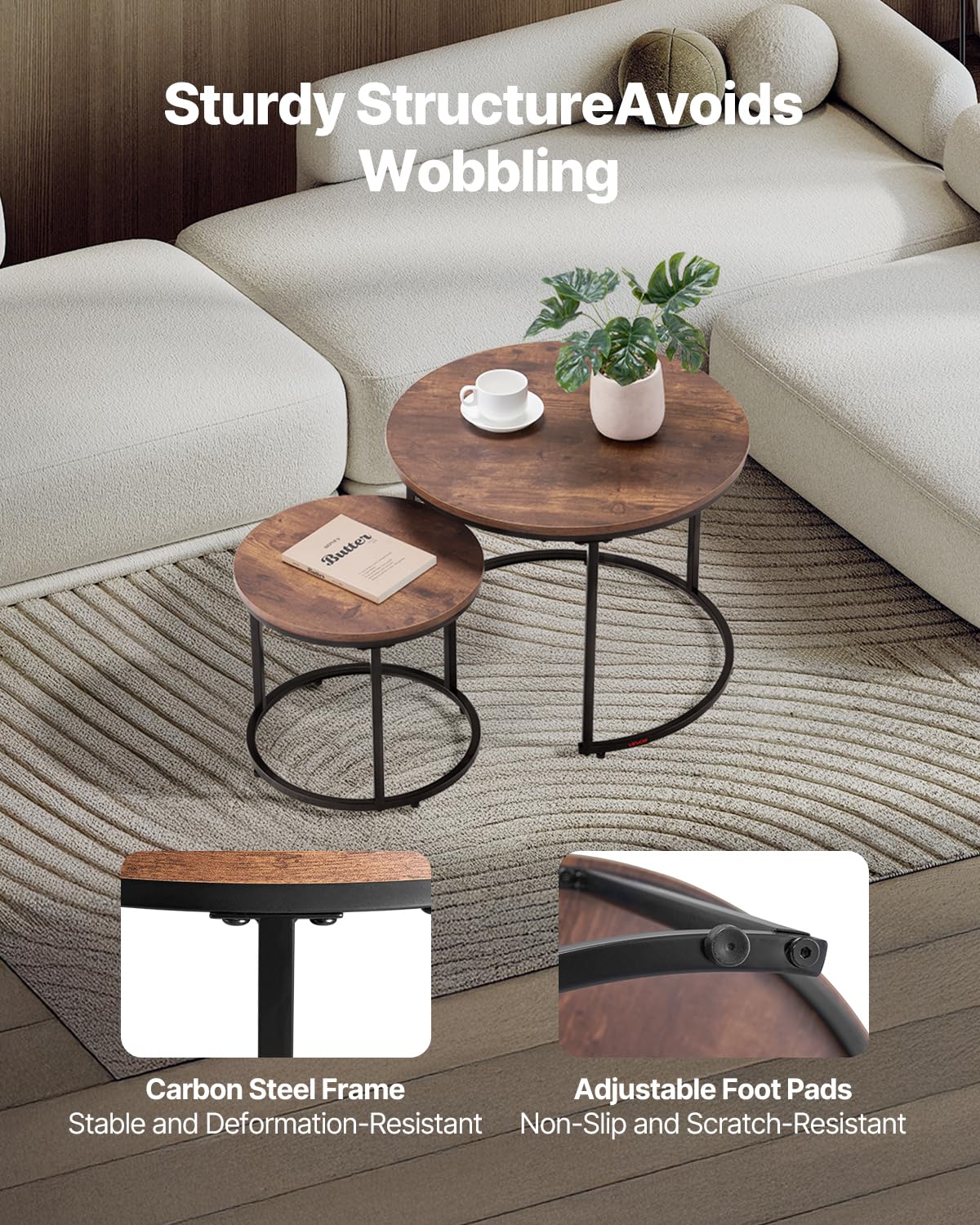 VEVOR Nesting Tables, Coffee Table Set of 2, 23.6 inch Round Coffee Table, Small Coffee Tables Night Stand with Metal Frame, for Living Room, Bedroom, Office (Brown & Black) VEVOR