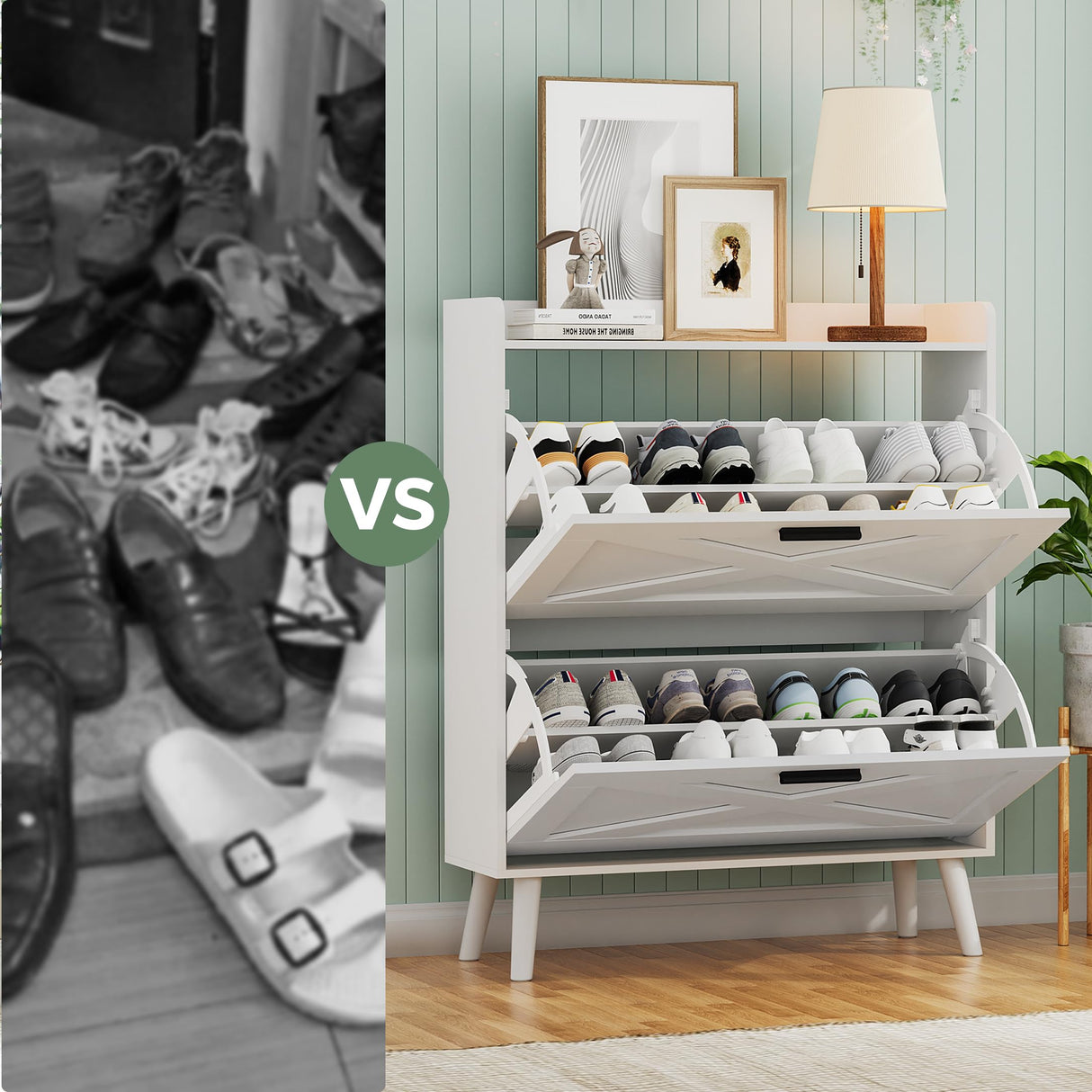 Homleke Farmhouse Shoe Storage Cabinet with 2 Flip Drawers and Barn Door Design, Adjustable Shelves, Modern Hidden Slim Narrow Shoe Rack Cabinet for Entryway, Foyer, Hallway, Living Room, White Homleke