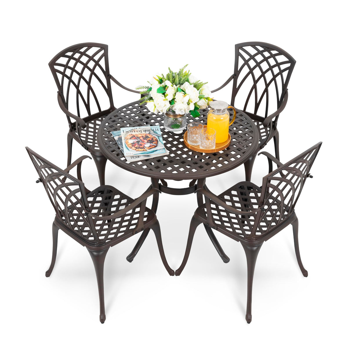 NUU GARDEN 5 Piece Outdoor Patio Dining Set, All-Weather Round Cast Aluminum Dining Table with 1.97" Umbrella Hole and Outdoor Patio Dining Chairs for Patio, Garden, Backyard, Balcony, Bronze NUU GARDEN