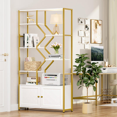 Keyluv 76" Tall Gold Bookshelf with Cabinet Storage, Multifunctional Open Display Bookcase with Door, Large Book Shelf Organizer for Living Room, Home, Office, Heavy Duty Metal & Wood, Modern White