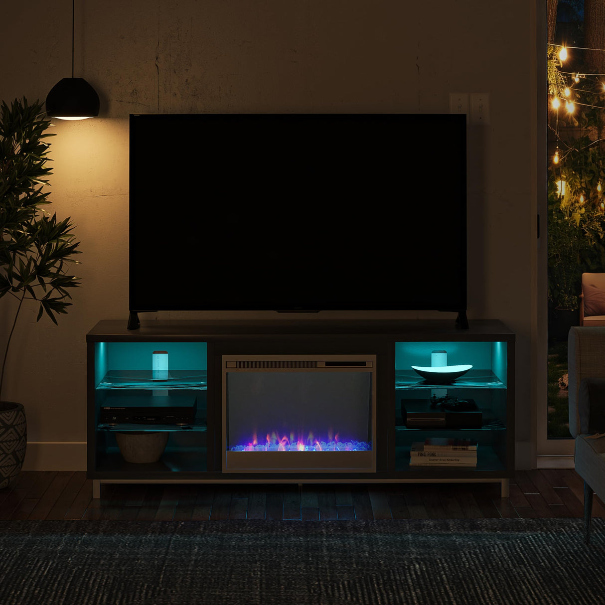 Ameriwood Home Lumina Fireplace TV Stand for TVs up to 70 Inch, Replaceable Electric Fireplace Insert Heater, Remote Control, Timer, Color Changing LED Lights, Crystal Ember Flames, Graphite Gray Ameriwood Home