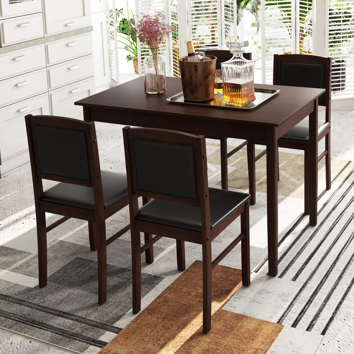 Tangkula Dining Table Set for 4, Farmhouse Solid Wood Dinette Set w/Rubber Wood Legs, Upholstered Seat & Padded Backrest, Mid-Century Modern Dining Table and Chairs Set for Kitchen, Dining Room Tangkula
