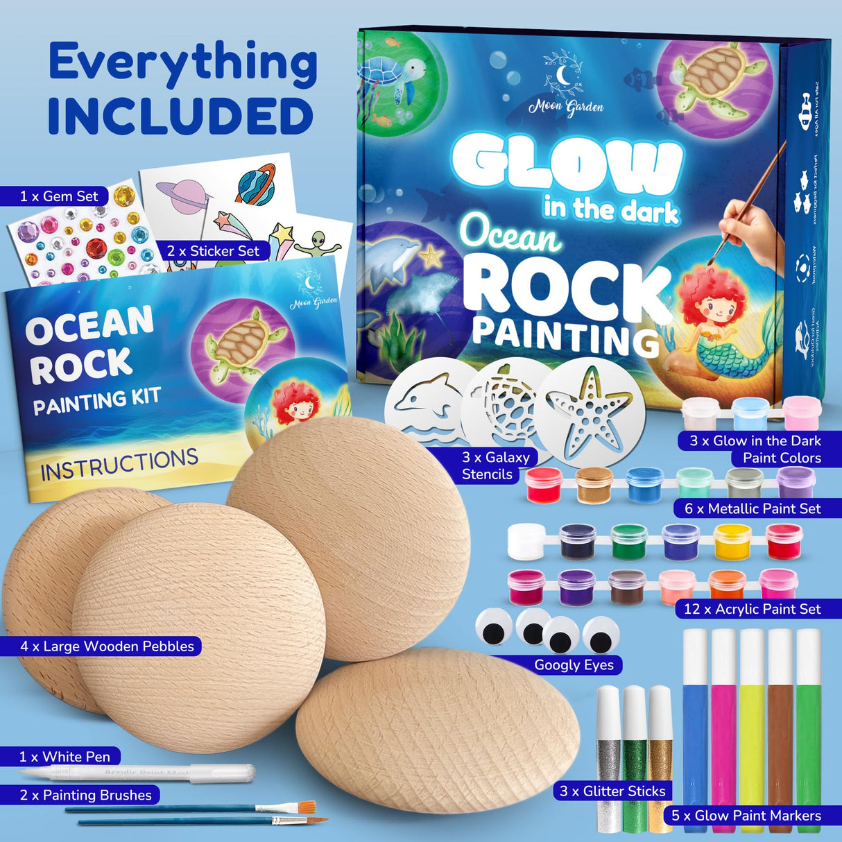 Glow in The Dark Ocean Rock Painting Kit, Arts and Crafts Painting Rocks for Kids, Kids Craft Paint Kits, Craft Activities Kits, Arts and Crafts Gifts for Boys Girls, Birthday Gift, Ages 6 and up Moon Garden