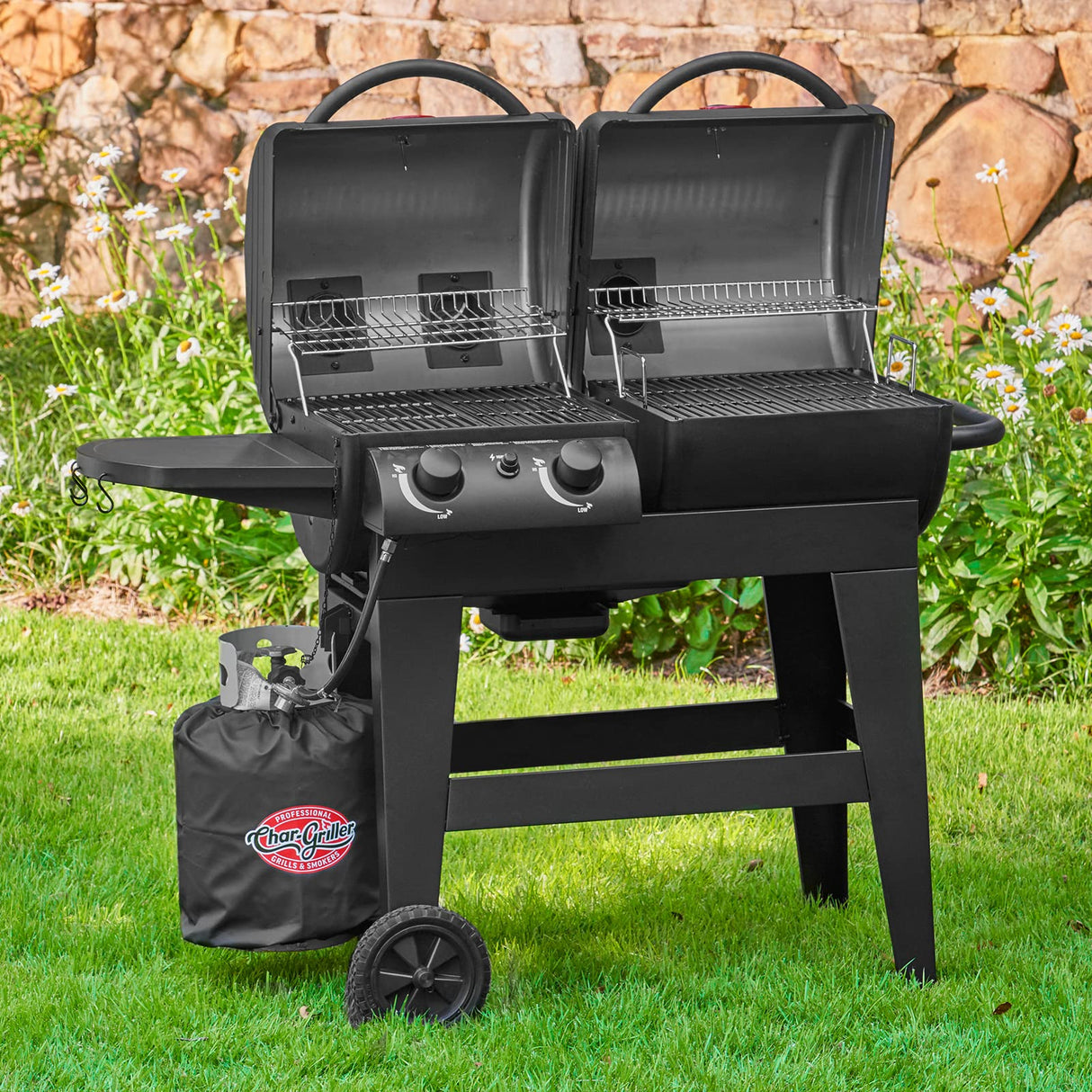Char-Griller® Dual-Function 2-Burner 24,000 BTU Propane Gas and Charcoal Combination Grill and Smoker with 870 Cooking Square Inches in Black, Model E5030 Char-Griller