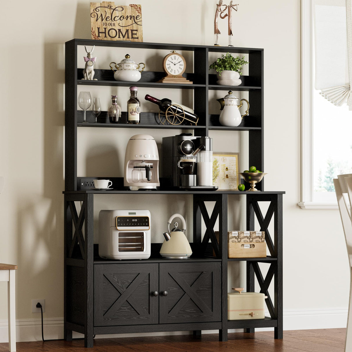 IRONCK Bakers Rack with Power Outlet, 45in Wide Coffee Bar Cabinet with Storage, 6-Tier Kitchen Storage with Doors, Microwave Stand for Kitchen, Dining Room IRONCK