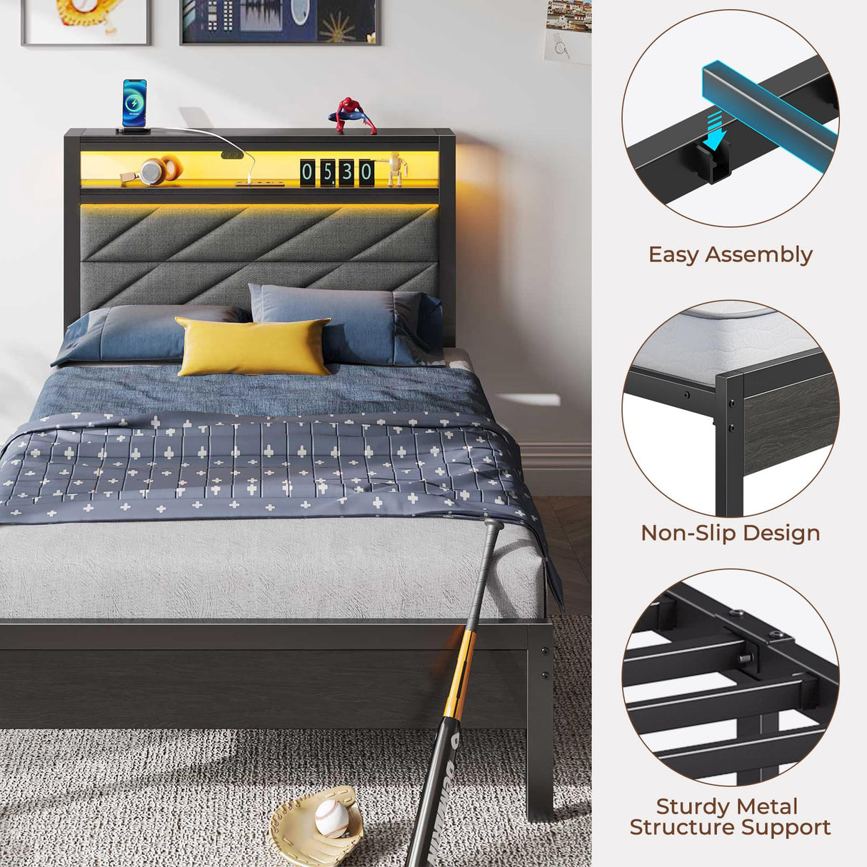 Seventable Bed Frame Twin Size with Charging Station, LED Bed with Upholstered Storage Headboard, Metal Platform Bed with Under Bed Storage, No Box Spring Needed, Noise Free, Easy Assembly, Grey Seventable