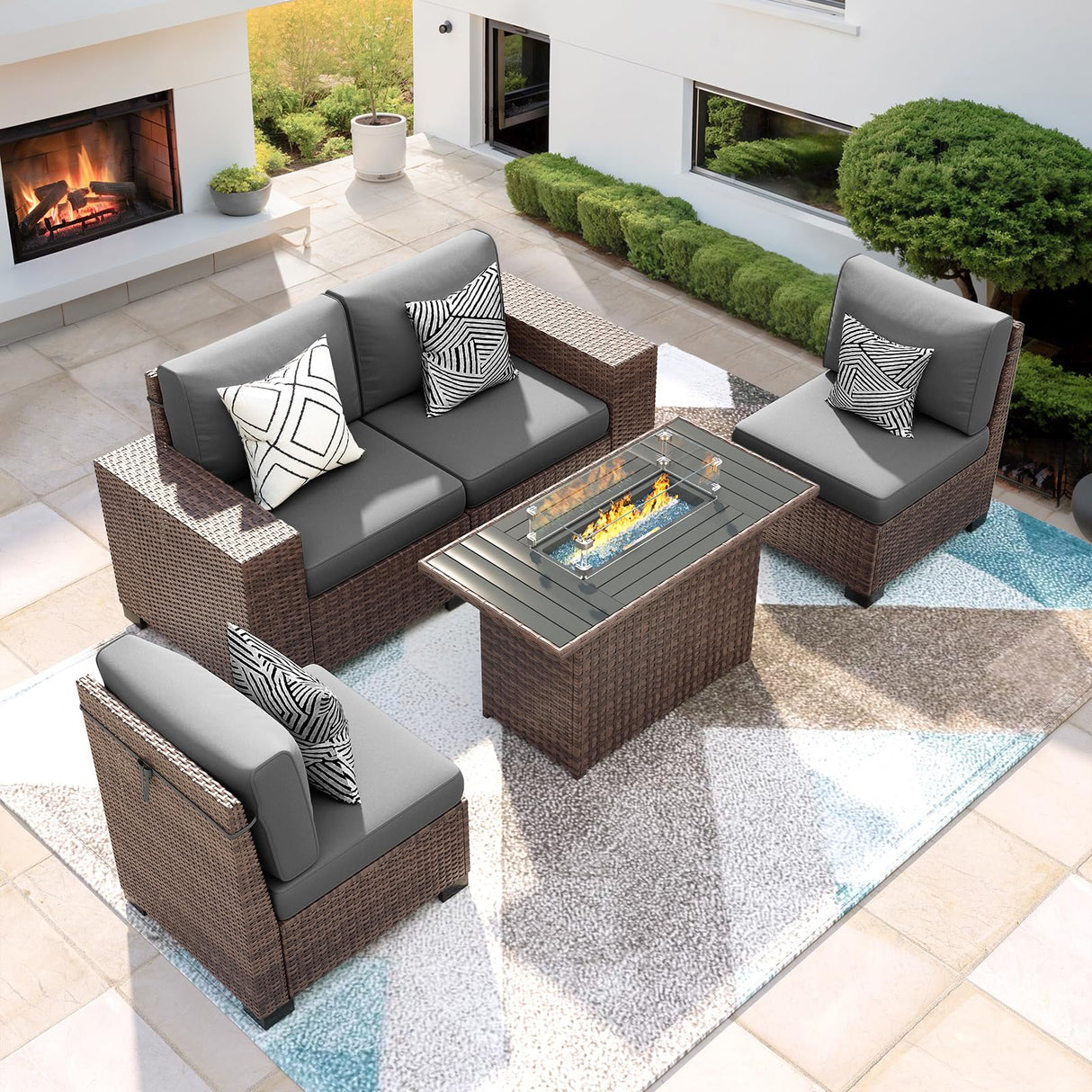 VONZOY 5 Piece Patio Furniture Set with Fire Pit Table, Outdoor Sectional Conversation Sets Brown Wicker Rattan Sectional Sofa for Patio Garden Backyard, 4'' Thickened Cushion Dark Grey VONZOY