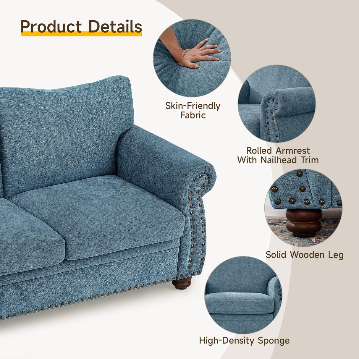 ONBRILL Nailhead Sofa, 66" Small Couch with Rolled Arms, Chenille Fabric Loveseat w/Springs Seat Cushion, Vintage Curved Back, Turned Wood Legs, Comfy Couch for Living Room, Bedroom, Farmhouse, Teal ONBRILL