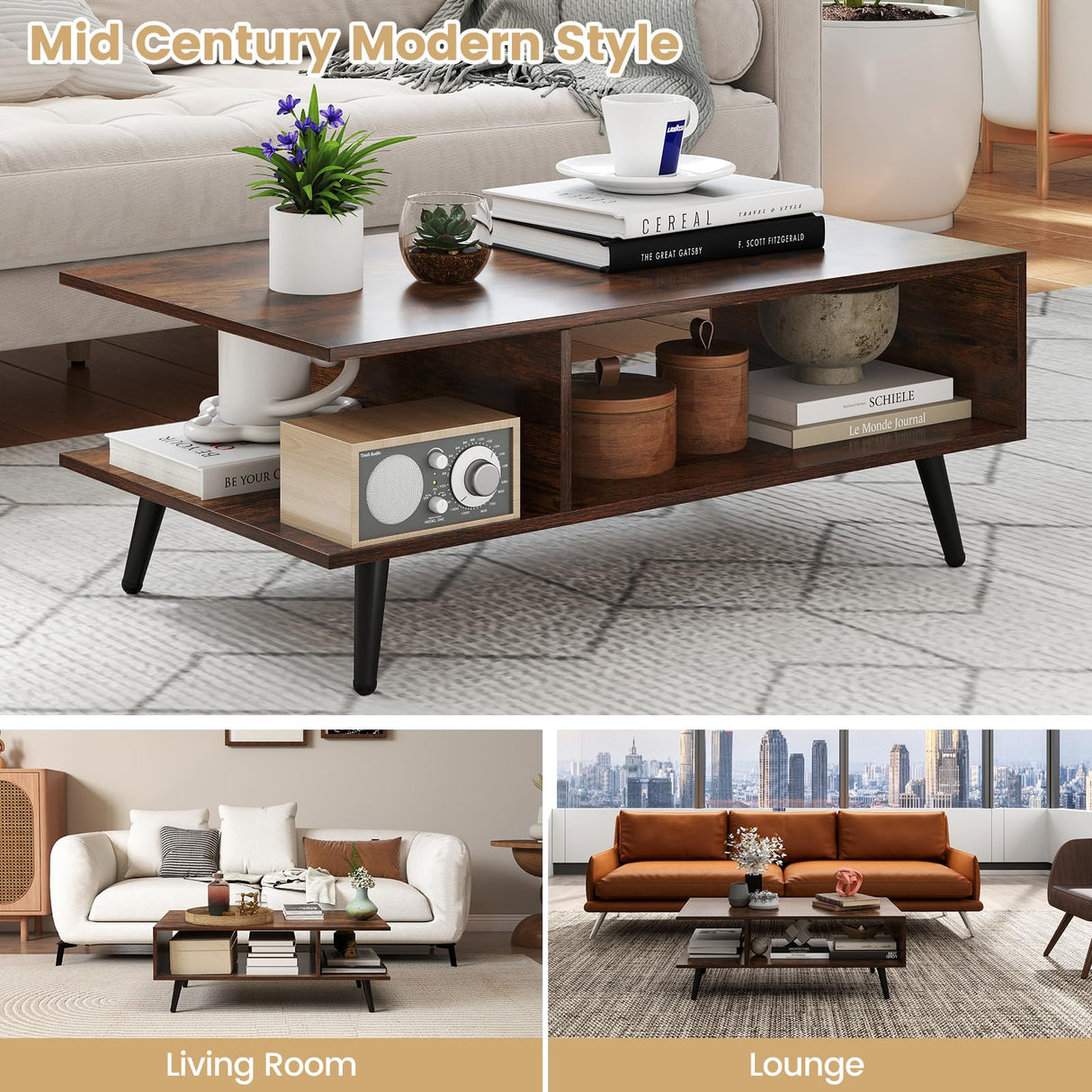 Giantex Coffee Table with Storage, Mid Century Modern Center Table for Living Room, Rectangle Tea Table with Open Storage Shelf & Floor-Anti-Scratching Tapered Metal Legs, Rustic Brown (Rustic Brown) Giantex