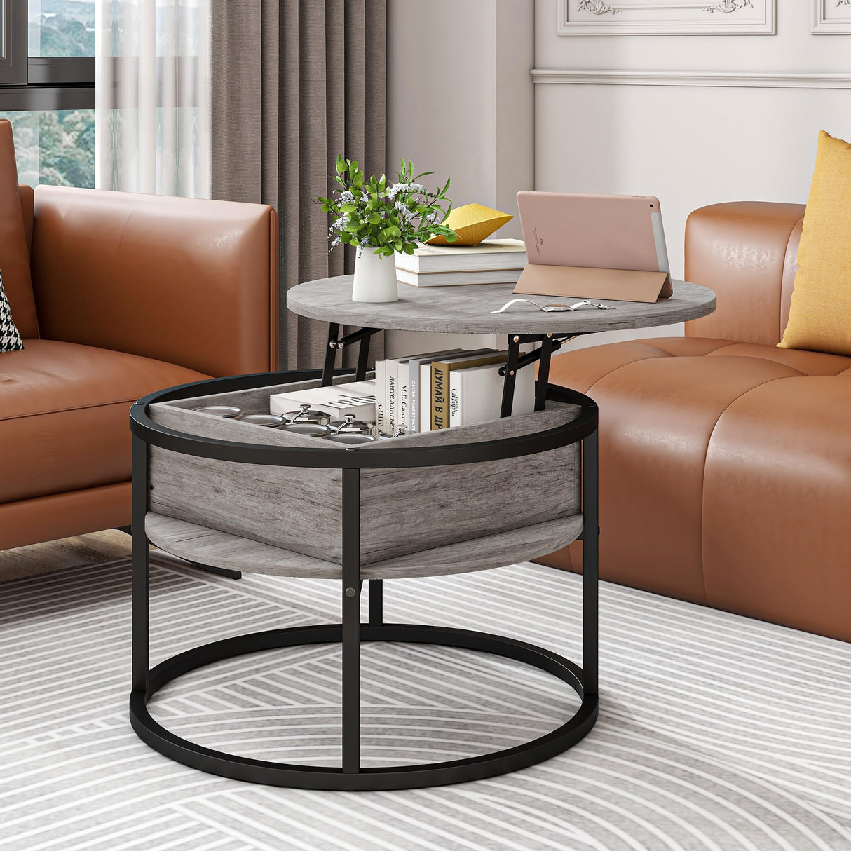 HOJINLINERO Round Coffee Table with Storage,Lift Top Coffee Table for Living Room Reception Room,2 Tier Small Round Table Dining Center,Grey HOJINLINERO