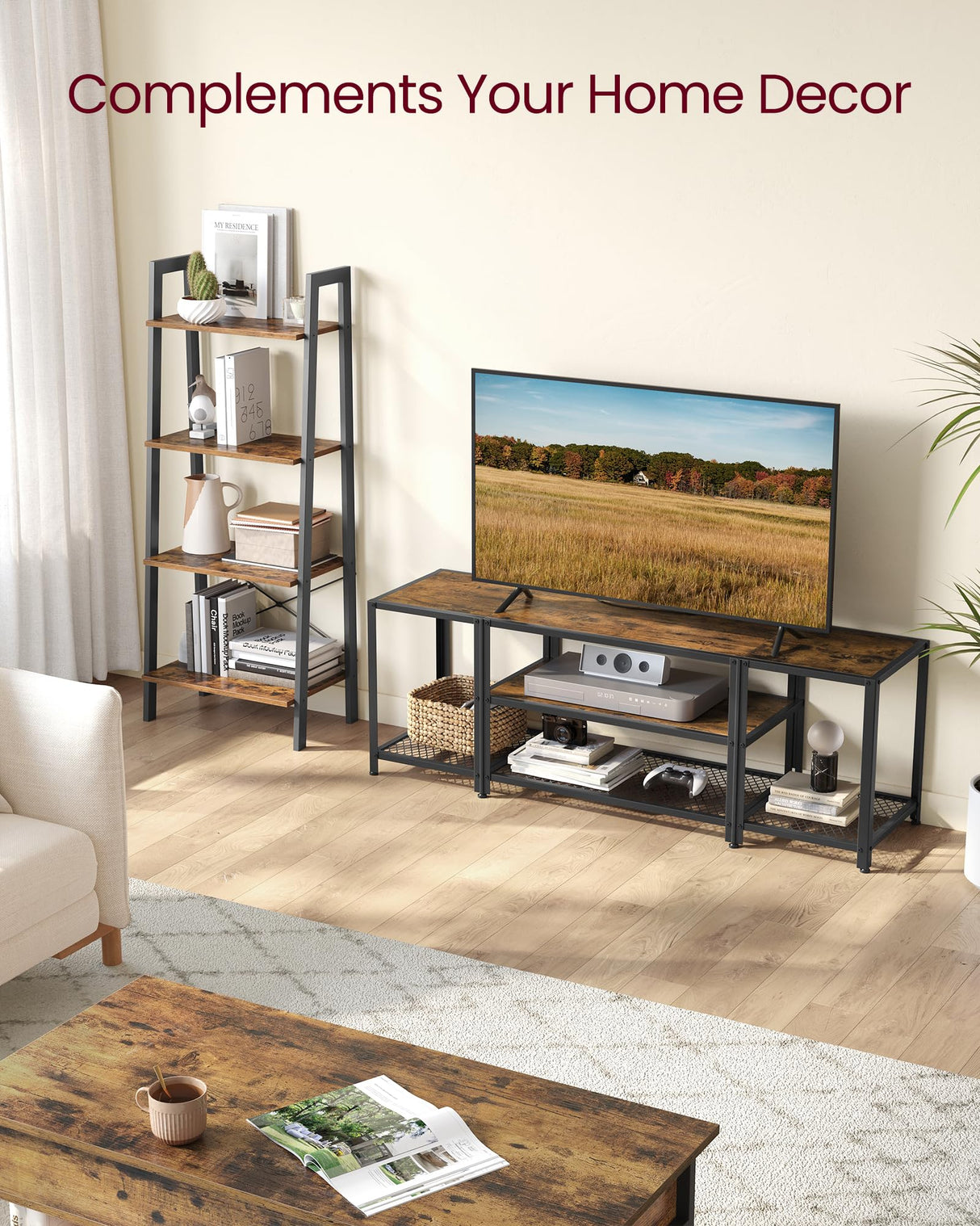 VASAGLE Modern TV Stand for TVs up to 65 Inches, 3-Tier Entertainment Center, Industrial TV Console Table with Open Storage Shelves, for Living Room, Bedroom, Rustic Brown and Black ULTV097B01 VASAGLE