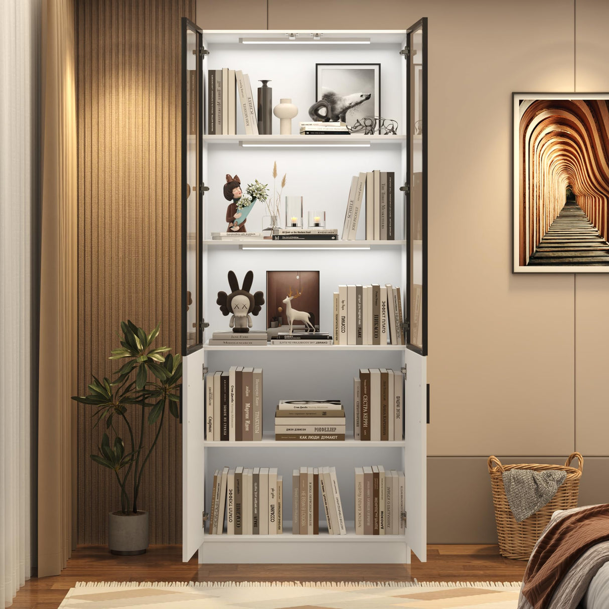 chartustriable 79" Tall Display Cabinet with LED Sensor Light & Pop-up Glass Doors, Modern Bookcase Curio Storage Cabinet for Bedroom, Living Room, Office, White chartustriable