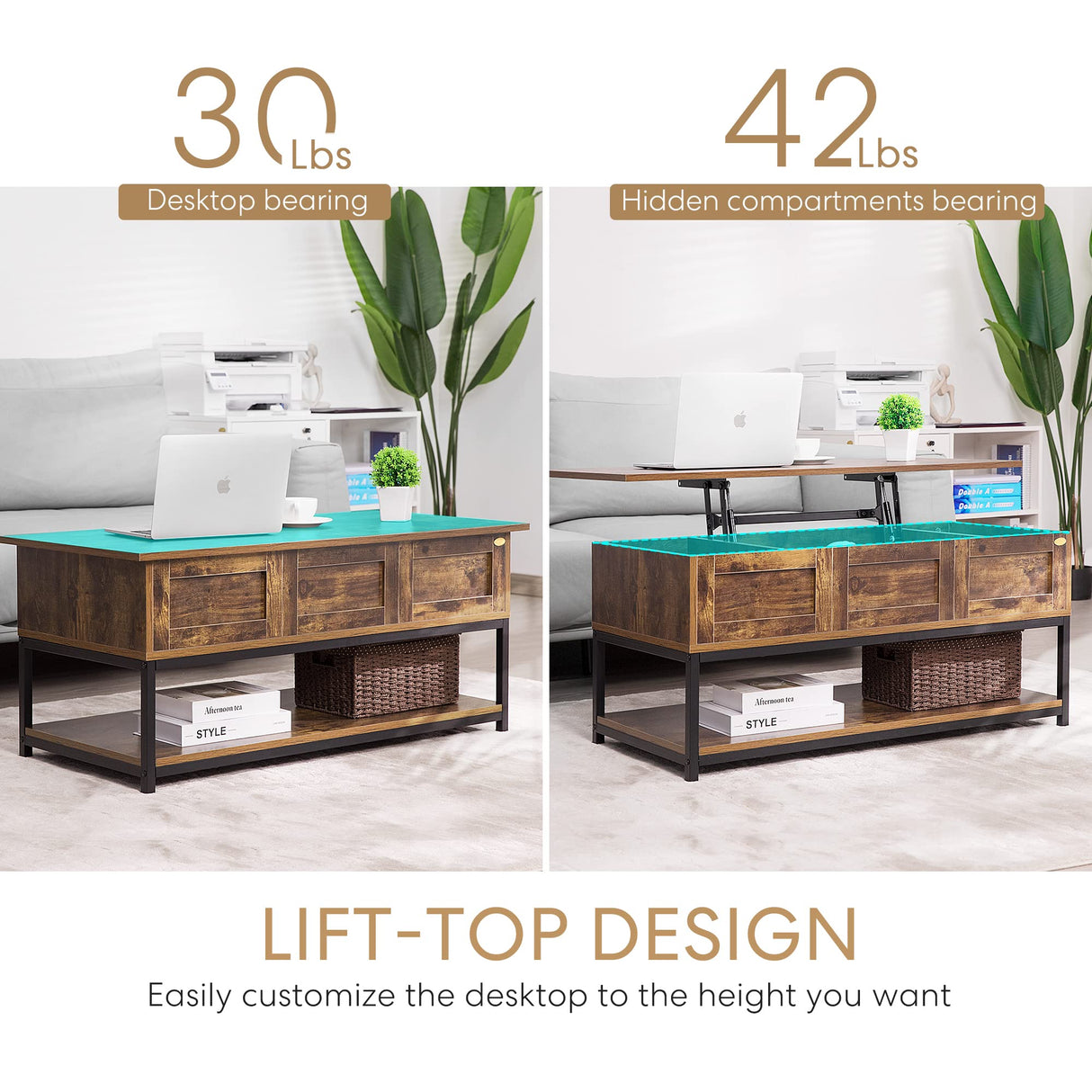 VIVOHOME Lift Top Coffee Table with Steel Frame, Dining Table with Open Storage and Hidden Compartment, Suitable for Living Room, Office, Small Apartment, Rustic Brown VIVOHOME