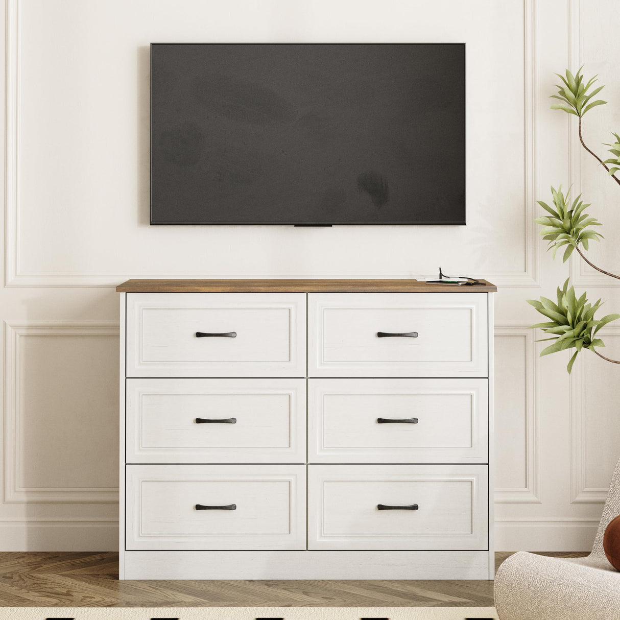 Fameill Dresser for Bedroom, 6 Drawer Wide Dresser Organizer with Charging Station, Tall Dresser for Hallway, Wood Dresser with Metal Handles, Farmhouse Fameill