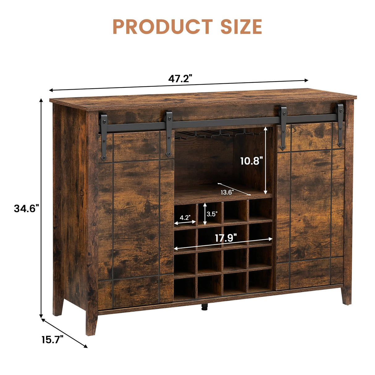 Garvee 47 in Wine Bar Cabinet Modern Liquor Whiskey Coffee Station with 16 Wine Rack and Glass Holder, Farmhouse Buffet Sideboard with Sliding Barn Door Storage for Living Dining Room, Rustic Brown Garvee