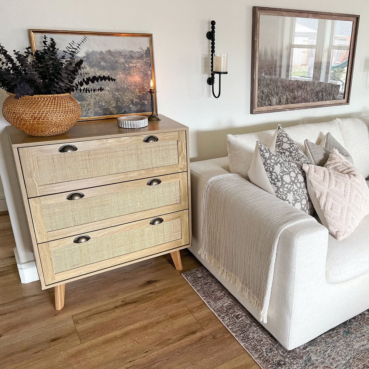 PHI VILLA Rattan Nightstand Set of 2 - Rattan Dresser Small Cabinet for Living Room/Dining Room Cabinet with Drawer/3 Drawer Dresser, Rattan Cabinet PHI VILLA