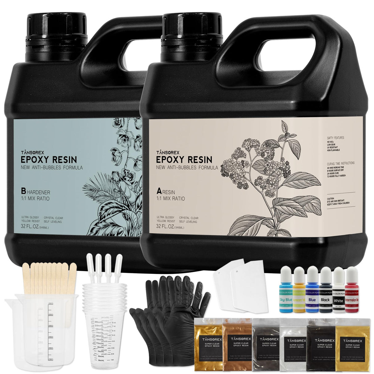 Epoxy Resin 64OZ Kit - Color Kit-Crystal Clear Art Resin and Hardener Kit for Beginners,No Yellowing,No Bubble,Fast Cure,Self Leveling to Easy Mix 1:1 for River Table Top,Art Crafts,Jewelry Making TANSOREX