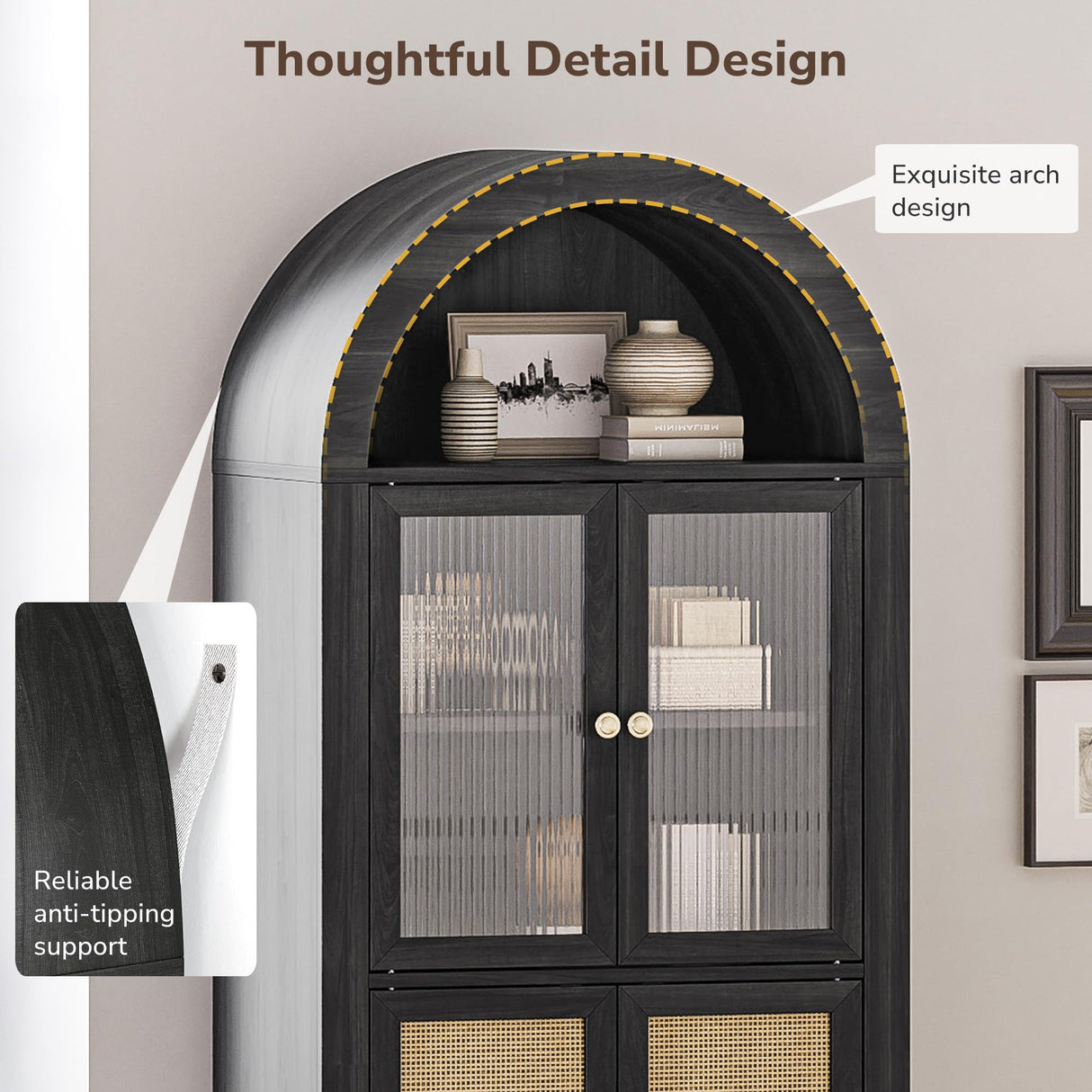 BELLEZE Set of 2 Storage Cabinet with Reeded Glass Doors, Arched Bookcase Decorated with Rattan Door, 65 Inch Freestanding Curio Cabinet for Home Living Room and Kitchen, Black BELLEZE