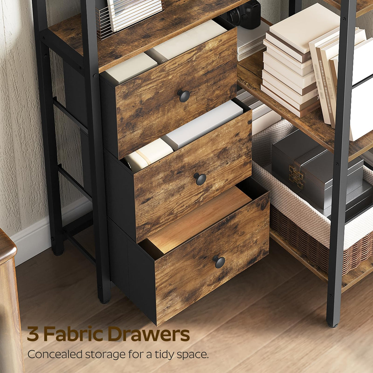 YATINEY Corner Bookshelf, 7 Tier L-Shaped Bookcase with 3 Drawers, Storage Corner Shelf, Freestanding Tall Display Shelf, Industrial Style, for Living Room, Home Office, Rustic Brown and Black SJ10BR YATINEY