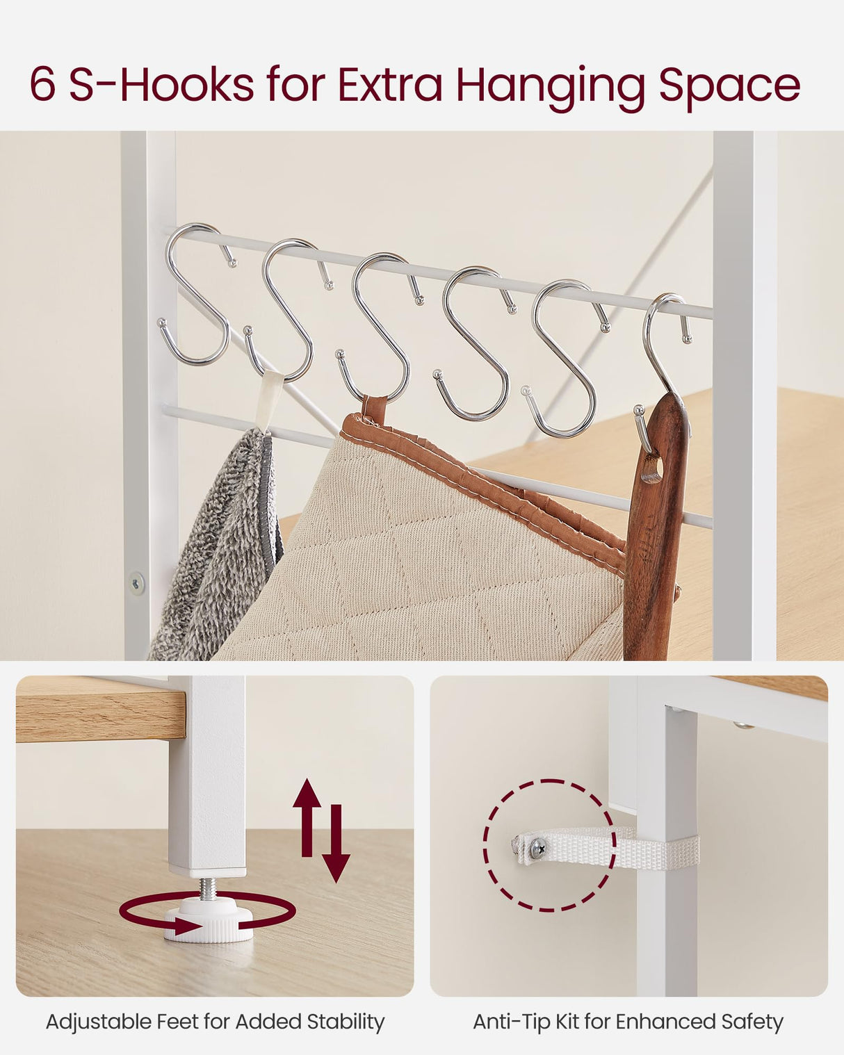 VASAGLE Baker's Rack, Microwave Stand, Kitchen Storage Rack with Wire Basket, 6 Hooks, and Shelves, for Spices, Pots, and Pans, Golden Oak and Cloud White UKKS035W09 VASAGLE