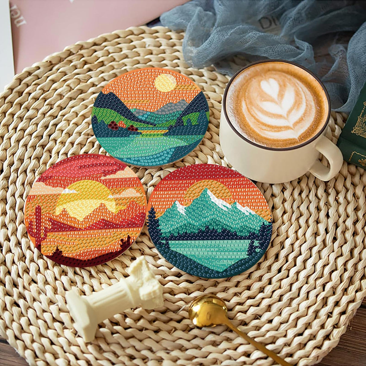 Clendo 8 Pcs Landscape Diamond Art Coasters Kit with Holder, Sunset Small Diamond Art Kits for Adults Beginners, Diamond Painting Coasters Arts and Crafts for Adults Supplies Item Sets Clendo