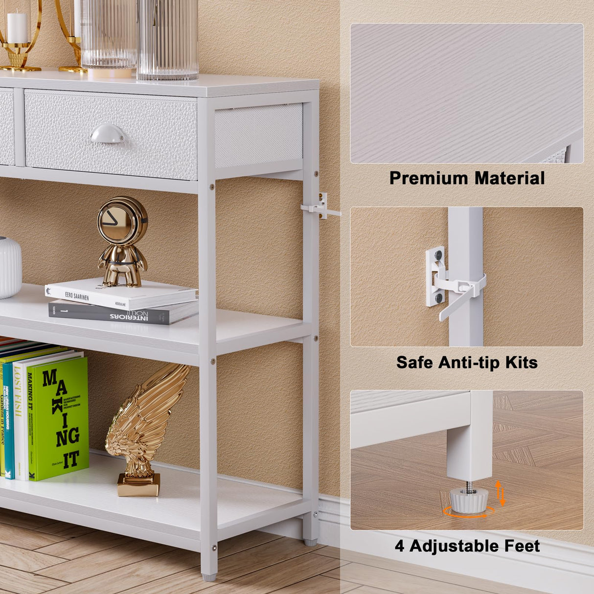White 47" Console Sofa Table with 3 Drawers and Multi-Tier Storage Shelves for Entryway and Living Room Furologee