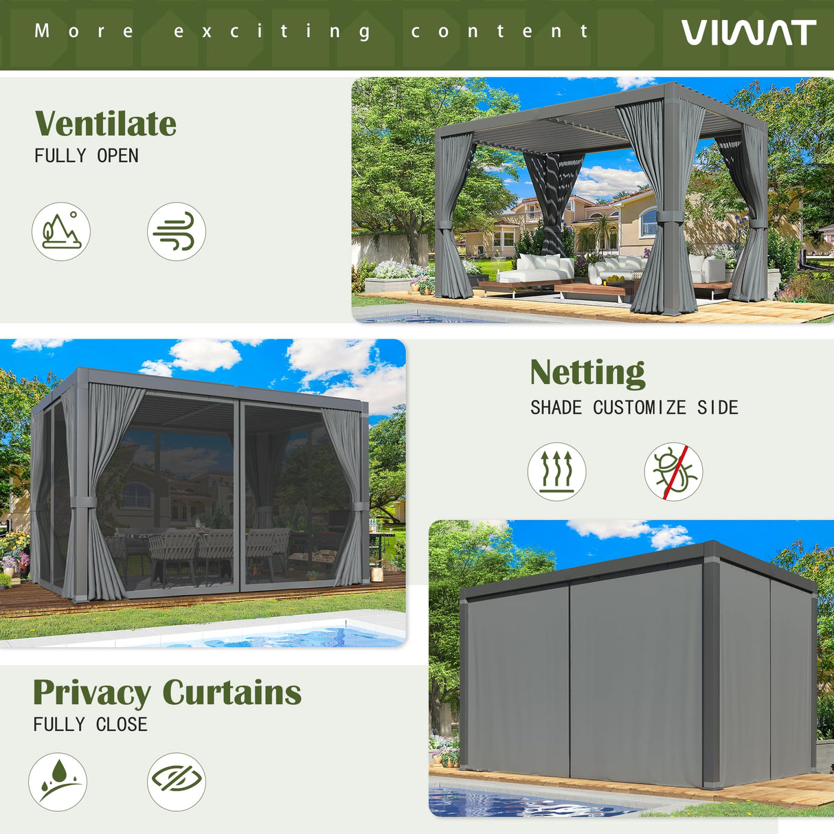 VIWAT Aluminum 10x12 FT Louvered Pergola, Outdoor Pergola with Adjustable Louvered Roof Outdoor Patio Shade Cover, Waterproof & Rustproof Aluminum Gazebo for Backyard and Garden, Gray VIWAT