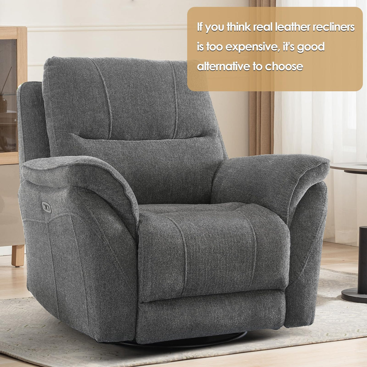 INZOY Glider Recliner Nursery Chair, Power Recliner Swivel Gider, Fabric Electric Swivel Recliner Rocker with Overstuffed Backrest, Power Recliner Chair Reclining Sofa for Living Room, Grey INZOY