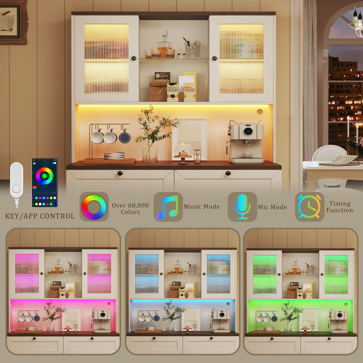 HUAHUU 71" Kitchen Pantry Cabinet with Lights & Acrylic Doors, Pantry Storage Cabinet with Microwave Stand, Kitchen Hutch Food Cabinets with Charging Station, Adjustable Shelves, White HUAHUU