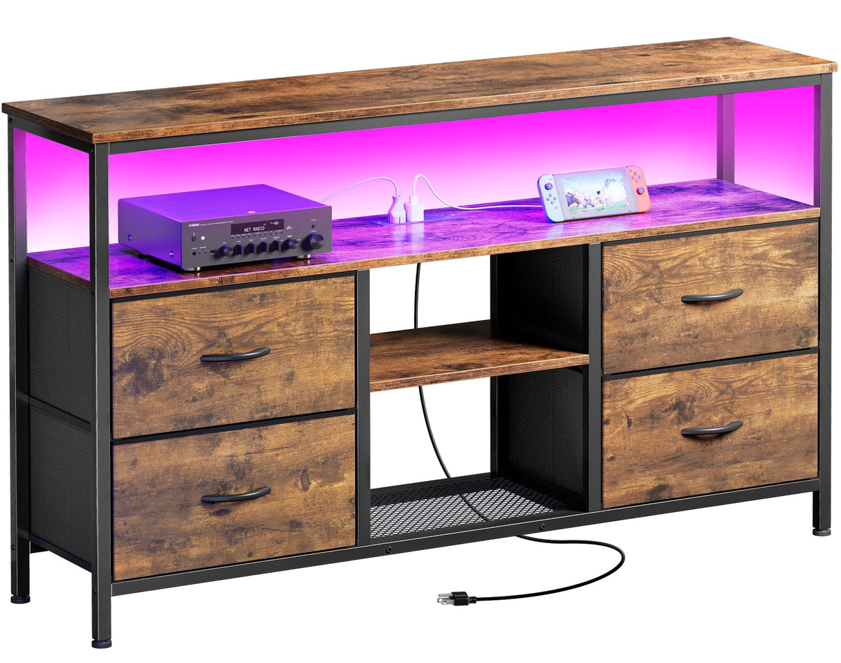 Huuger 47 Inch TV Stand Dresser with Power Outlets and LED Lights, Fabric Dresser for Bedroom, 4 Drawers Entertainment Center with Open Shelf, Media Console for 55 50 Inch TV, Rustic Brown Huuger