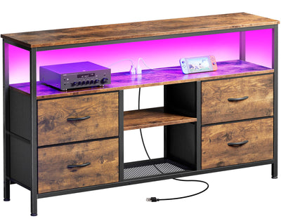 Huuger 47 Inch TV Stand Dresser with Power Outlets and LED Lights, Fabric Dresser for Bedroom, 4 Drawers Entertainment Center with Open Shelf, Media Console for 55 50 Inch TV, Rustic Brown