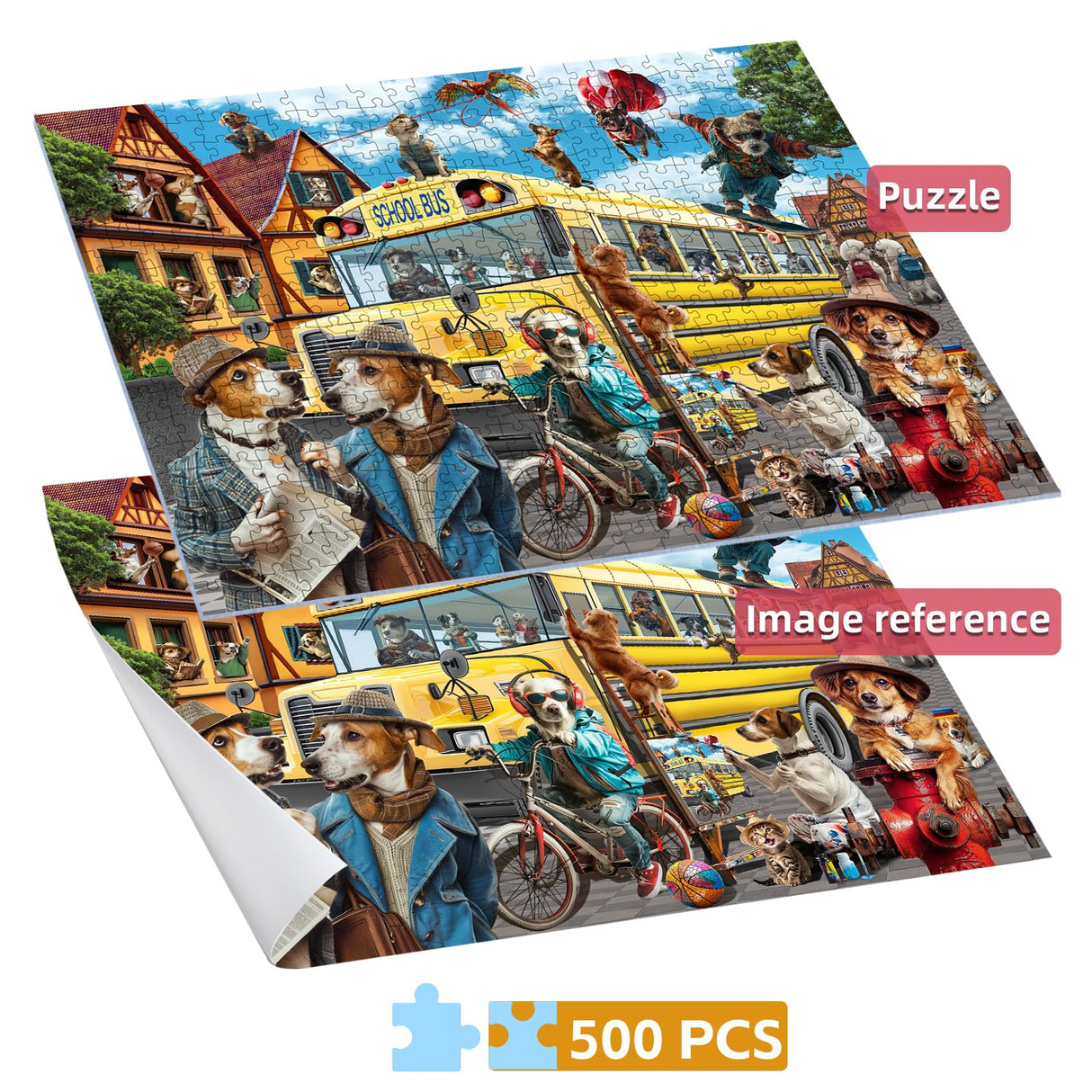 JOYZEXY Puzzles for Adults 500 Pieces, Pet School Bus 500 Piece Puzzle Family Game Funny Dog Jigsaw Puzzles JOYZEXY