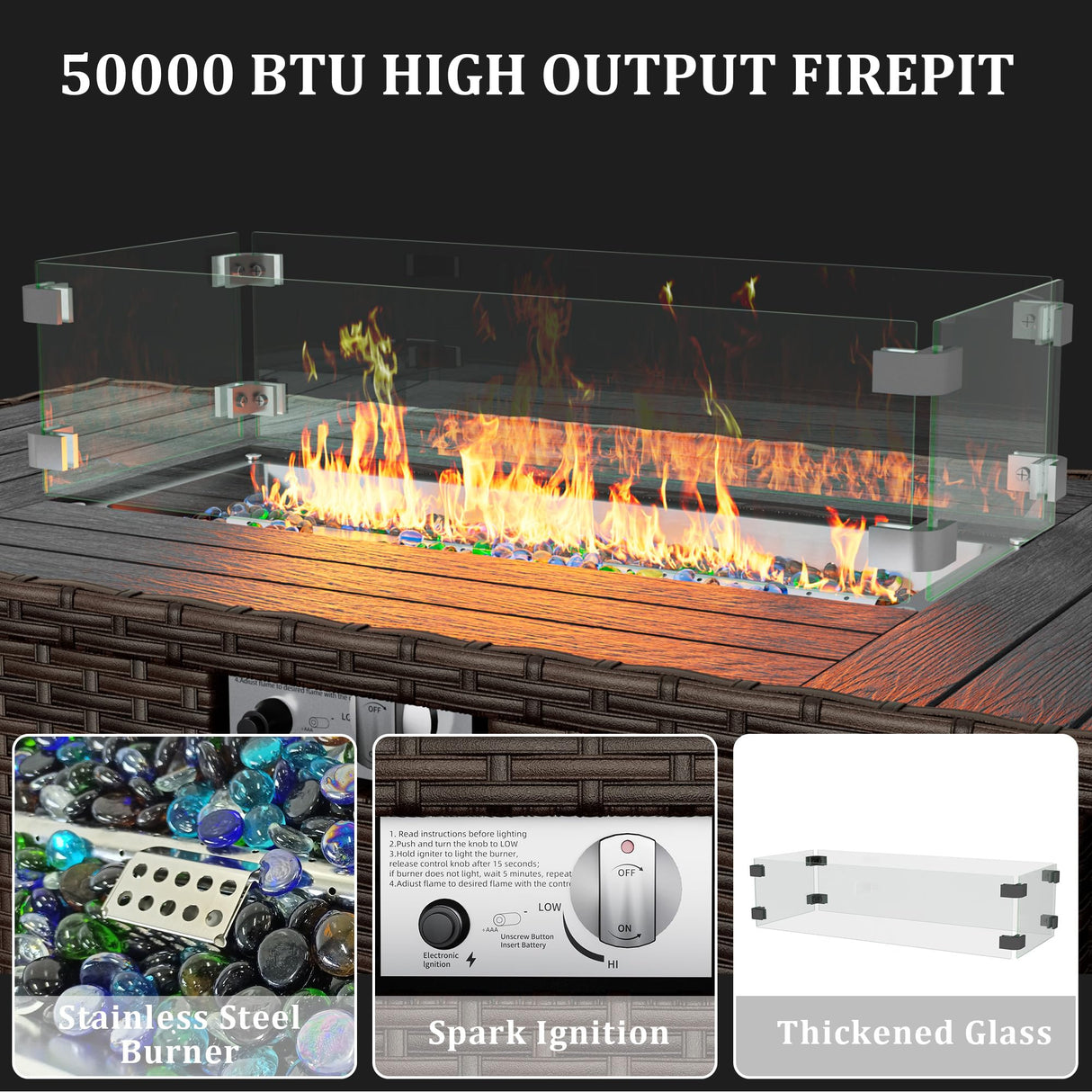 VONZOY 8 Pieces Outdoor Patio Furniture Set with 44" Fire Pit Table Rattan Sectional Conversation Sets w/Gas Fire Pit, Coffee Table, 2 Waterproof Covers, Dark Grey VONZOY