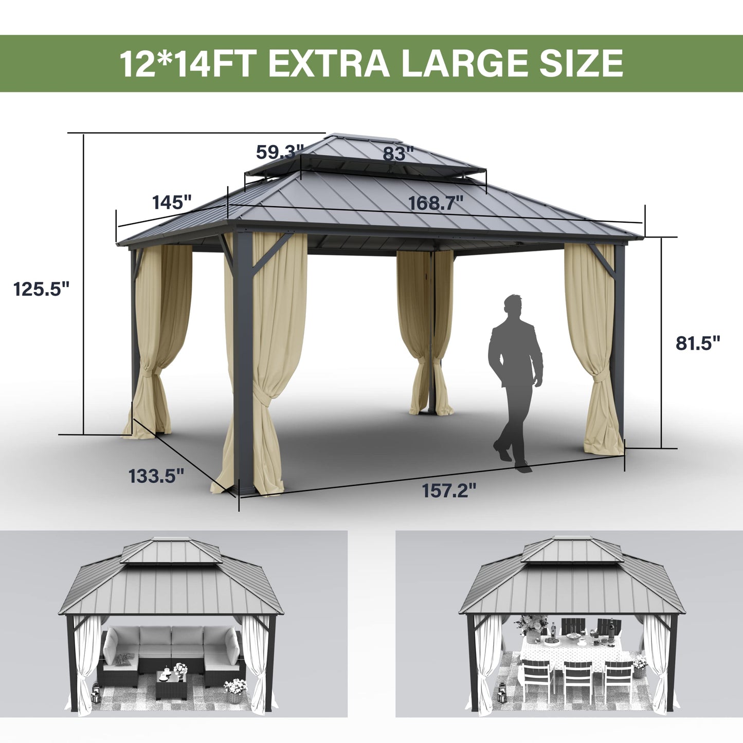 12' x 14' Hardtop Gazebo,Outdoor Galvanized Steel Metal Double Roof Gazebo with Curtains and Netting for Patios,Gardens, Lawns,Cream