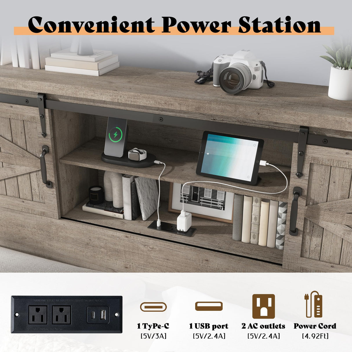 AMERLIFE Farmhouse King Bed Frame, Rustic Wood Platform Bed w/Barn Door Storage Bookcase Headboard & Charging Station, Bedroom Furniture, No Box Spring Needed, Light Grey AMERLIFE