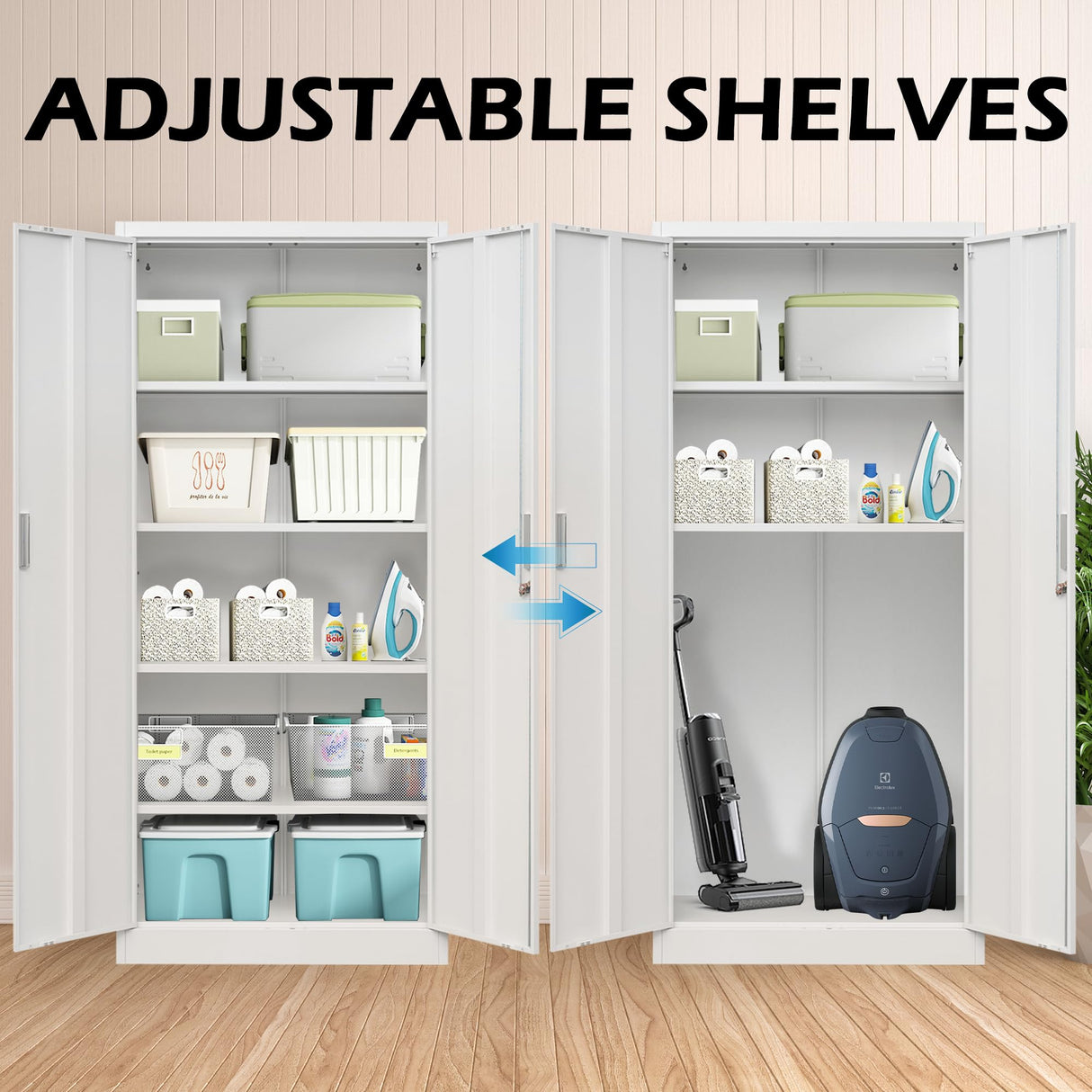 Metal Storage Cabinet, 71”H Locking Storage Cabinet with Adjustable Shelves, Steel Storage Cabinets for Garage, Home, Office, Pantry (White) Wanfu